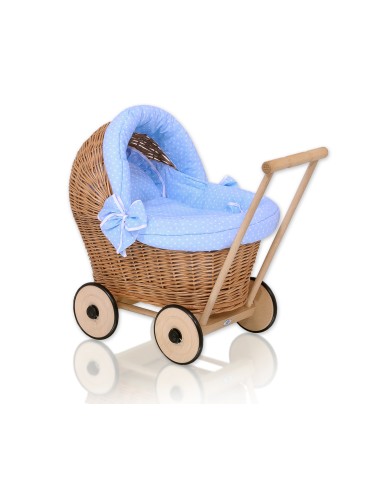 Wicker doll pushchair with blue bedding and soft padding - natural