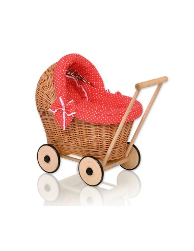 Wicker doll pushchair with red bedding and soft padding - natural