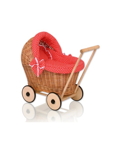 Wicker doll pushchair with red bedding and soft padding - natural