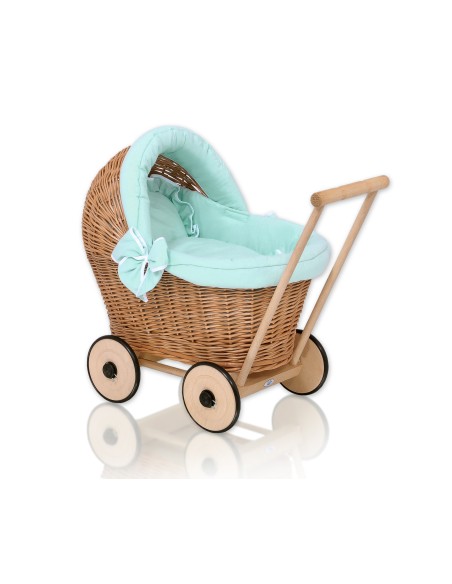 Wicker doll pushchair with mint bedding and soft padding - natural