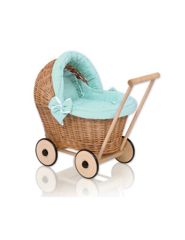 Wicker doll pushchair with mint bedding and soft padding - natural