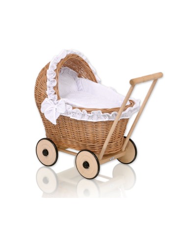 Wicker doll pushchair with white bedding and soft padding - natural