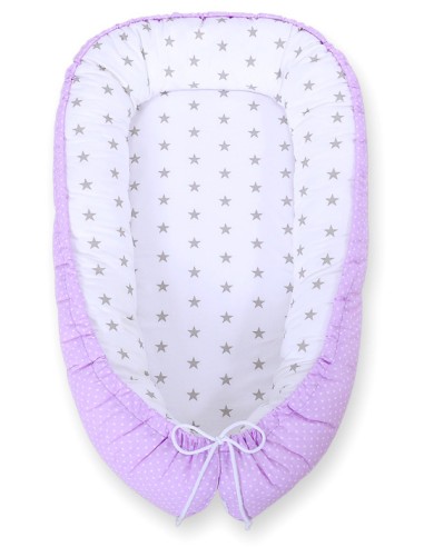 Baby nest double-sided Premium Cocoon for infants BOBONO- white polka dotd on lilac/ grey stars