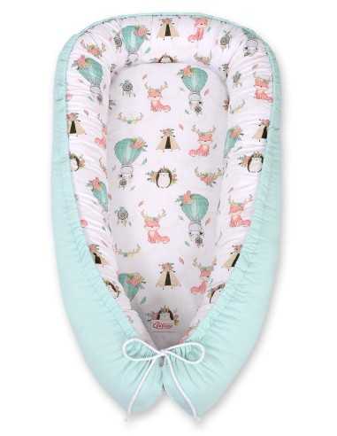 Baby nest double-sided Premium Cocoon for infants BOBONO- foxes beige/mint