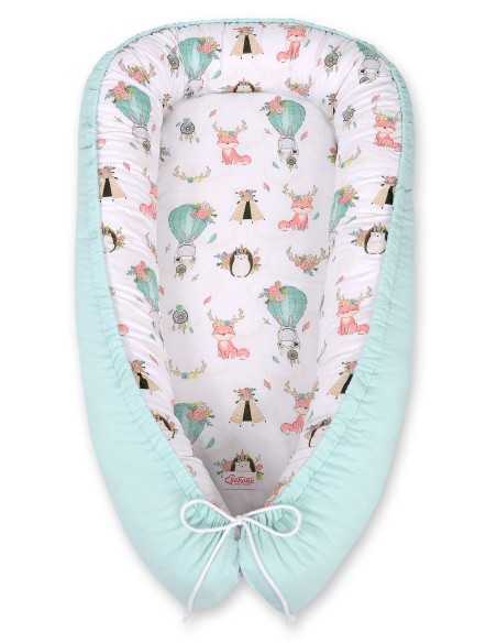 Baby nest double-sided Premium Cocoon for infants BOBONO- foxes beige/mint