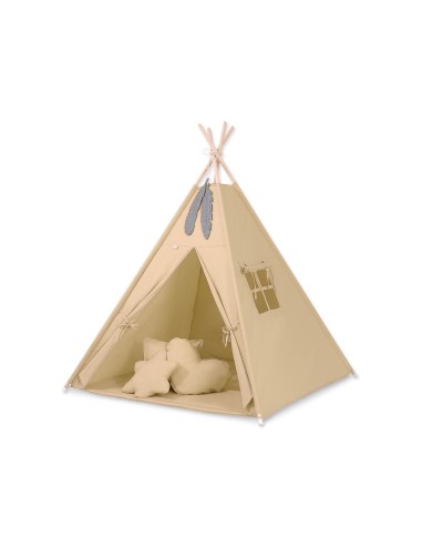 Teepee tent for kids + playmat + pillows + decorative feathers - beige