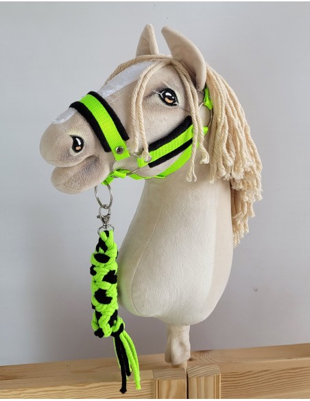 Set for Hobby Horse: the halter A3 with black furry + Tether made of cord - neon-green/ black