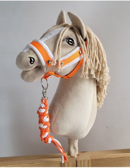 Set for Hobby Horse: the halter A3 with white furry + Tether made of cord - neon-orange/ white