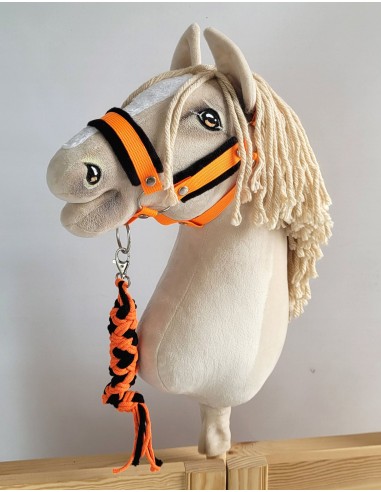 Set for Hobby Horse: the halter A3 with black furry + Tether made of cord - neon-orange/ black