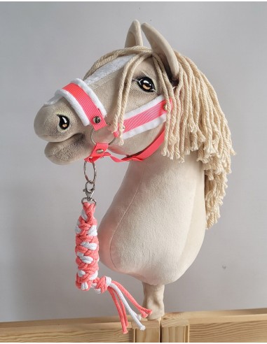 Set for Hobby Horse: the halter A3 with white furry + Tether made of cord - neon-pink/ white