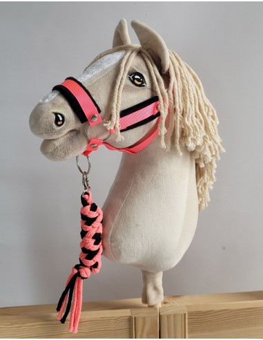 Set for Hobby Horse: the halter A3 with black furry + Tether made of cord - neon-pink/ black