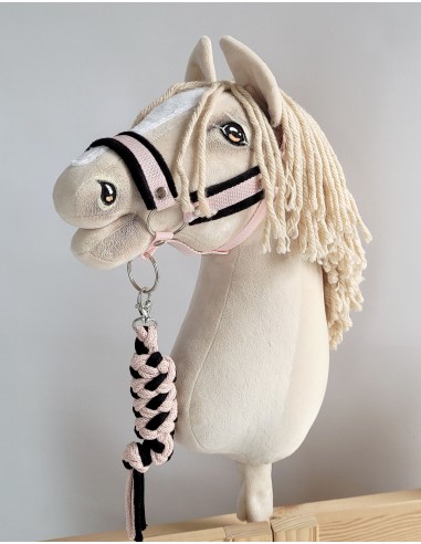 Set for Hobby Horse: the halter A3 with black furry + Tether made of cord - black-powder pink