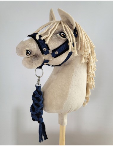 Set for Hobby Horse: the halter A3 with black furry + Tether made of cord - black-navy blue