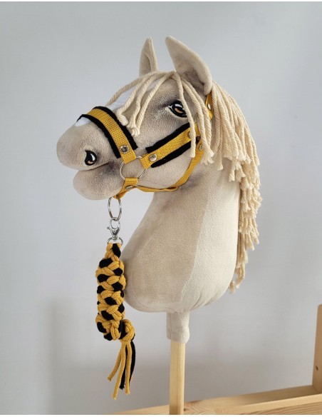 Set for Hobby Horse: the halter A3 with black furry + Tether made of cord - black-honey yellow