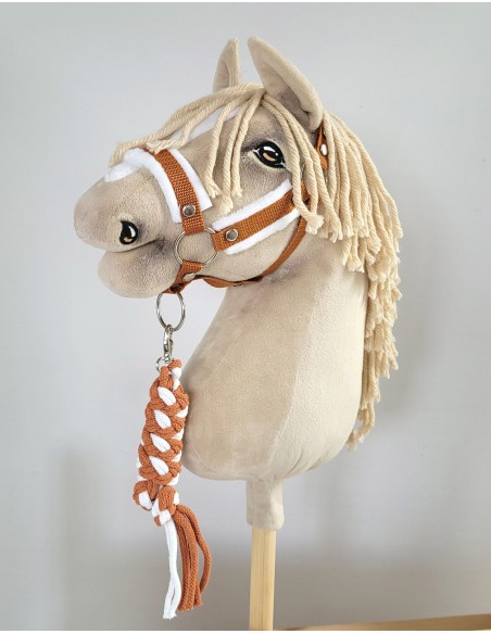 Set for Hobby Horse: the halter A3 with white furry + Tether made of cord - white-ginger