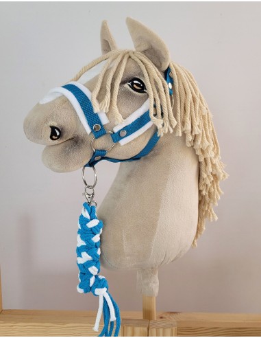 Set for Hobby Horse: the halter A3 with white furry + Tether made of cord - white-turquoise