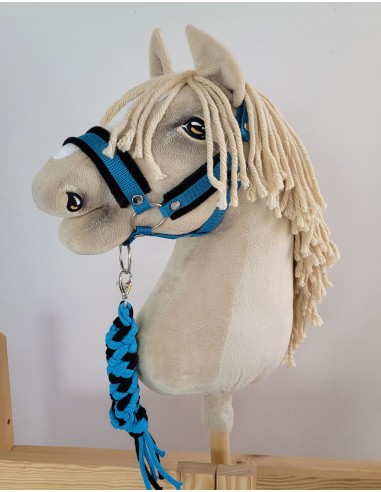 Set for Hobby Horse: the halter A3 with black furry + Tether made of cord - black-turquoise