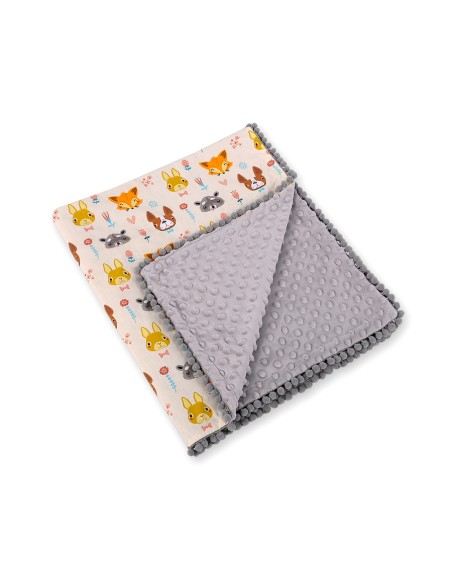 Double-sided blanket minky with pompons - cream animals