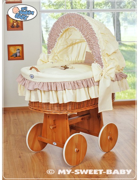 Moses Basket/Wicker crib with hood- Teddy Bear with Bow brown