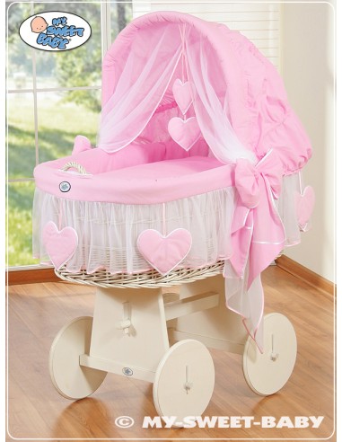 Moses Basket/Wicker crib with hood- Amelie pink