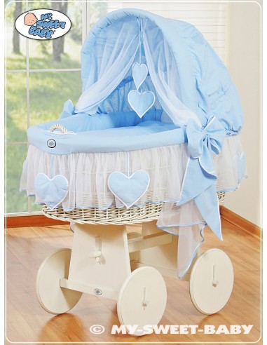 Moses Basket/Wicker crib with hood- Amelie blue