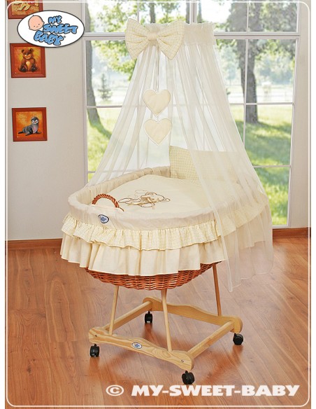 Moses Basket/Wicker drape crib- Bear with bow cream