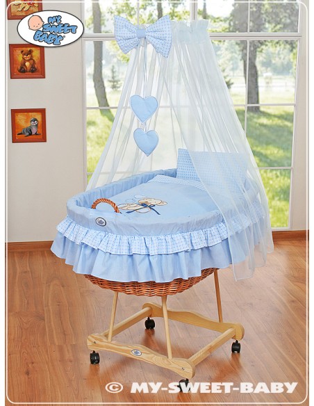 Moses Basket/Wicker drape crib- Bear with bow blue