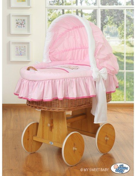 Moses Basket/Wicker hood crib- Teddy Bear Barnaba pink