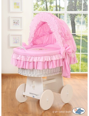 Moses Basket/Wicker crib with hood- Bear with bow pink