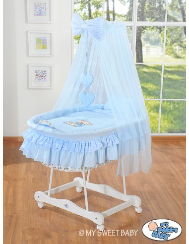 Moses Basket/Wicker drape crib- Bear with bow blue