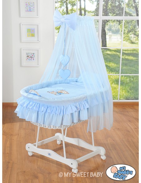 Moses Basket/Wicker drape crib- Bear with bow blue