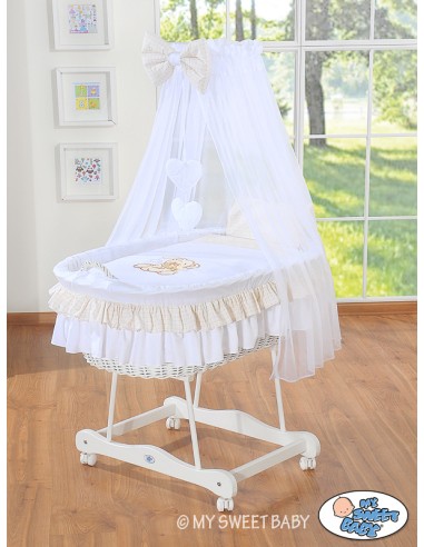 Moses Basket/Wicker drape crib- Bear with bow white