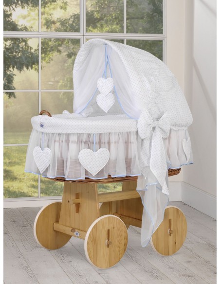 Moses Basket/Wicker hood crib- Amelie blue polka dots on white