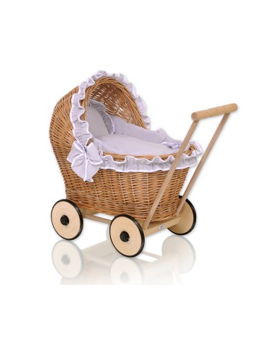 Wicker doll pushchair with grey bedding and soft padding - natural