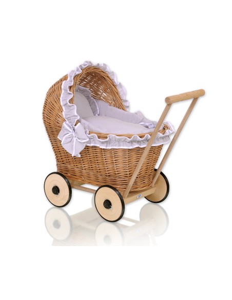 Wicker doll pushchair with grey bedding and soft padding - natural