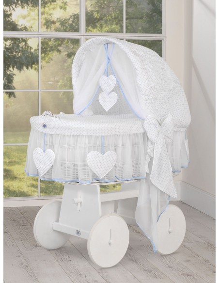 Moses Basket/Wicker hood crib- Amelie blue polka dots on white