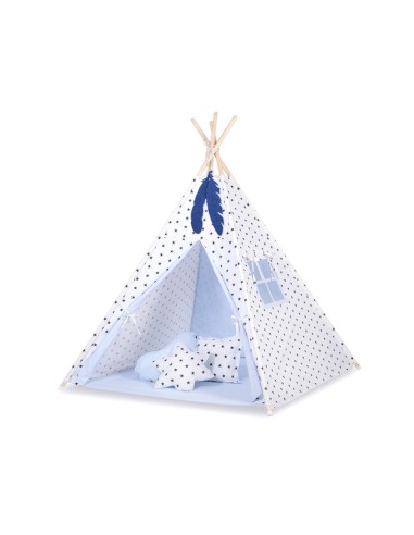 Teepee tent for kids + playmat + pillows + decorative feathers - Black Stars/blue