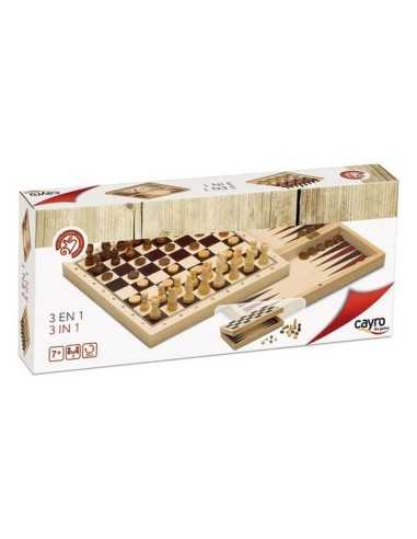 Set of 3 Board Games Cayro 648 Wood 29 x 29 cm 3-in-1 Chess Backgamon Ladies