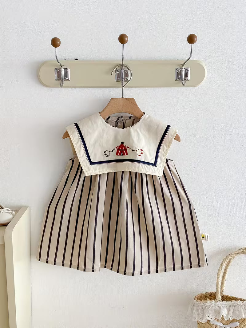 Mädchen Sommerkleid Gestreift mit großem Kragen und Stickerei