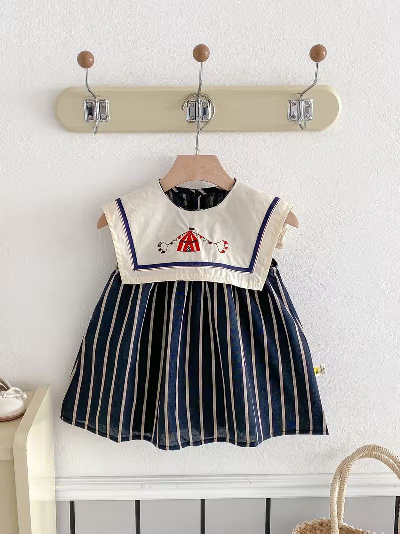 Mädchen Sommerkleid Gestreift mit großem Kragen und Stickerei