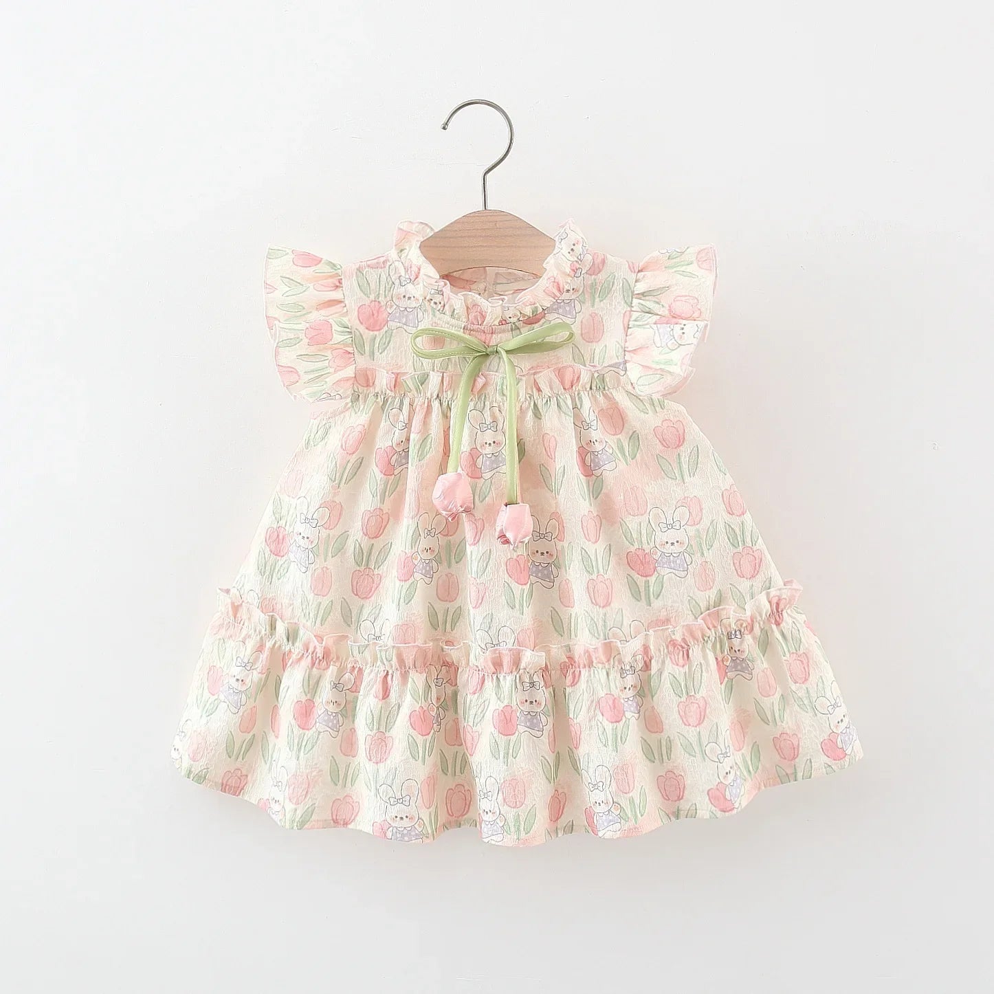 Mädchenkleid Tulpenmuster Plissee mit Schleife Sommer
