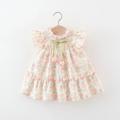 Mädchenkleid Tulpenmuster Plissee mit Schleife Sommer