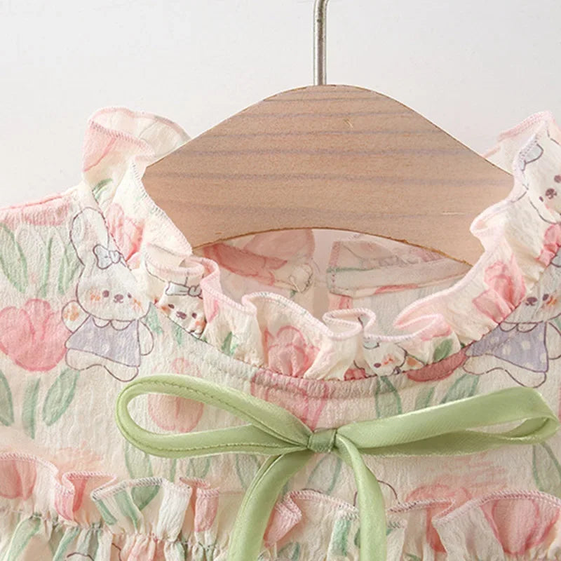 Mädchenkleid Tulpenmuster Plissee mit Schleife Sommer