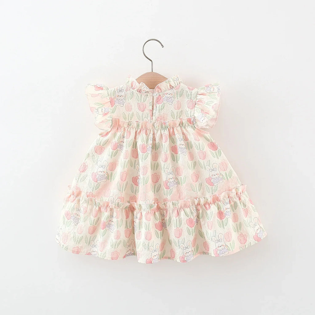 Mädchenkleid Tulpenmuster Plissee mit Schleife Sommer