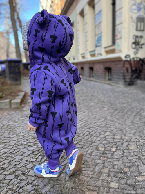Baby Jumpsuit with Hood - Thistle on Purple