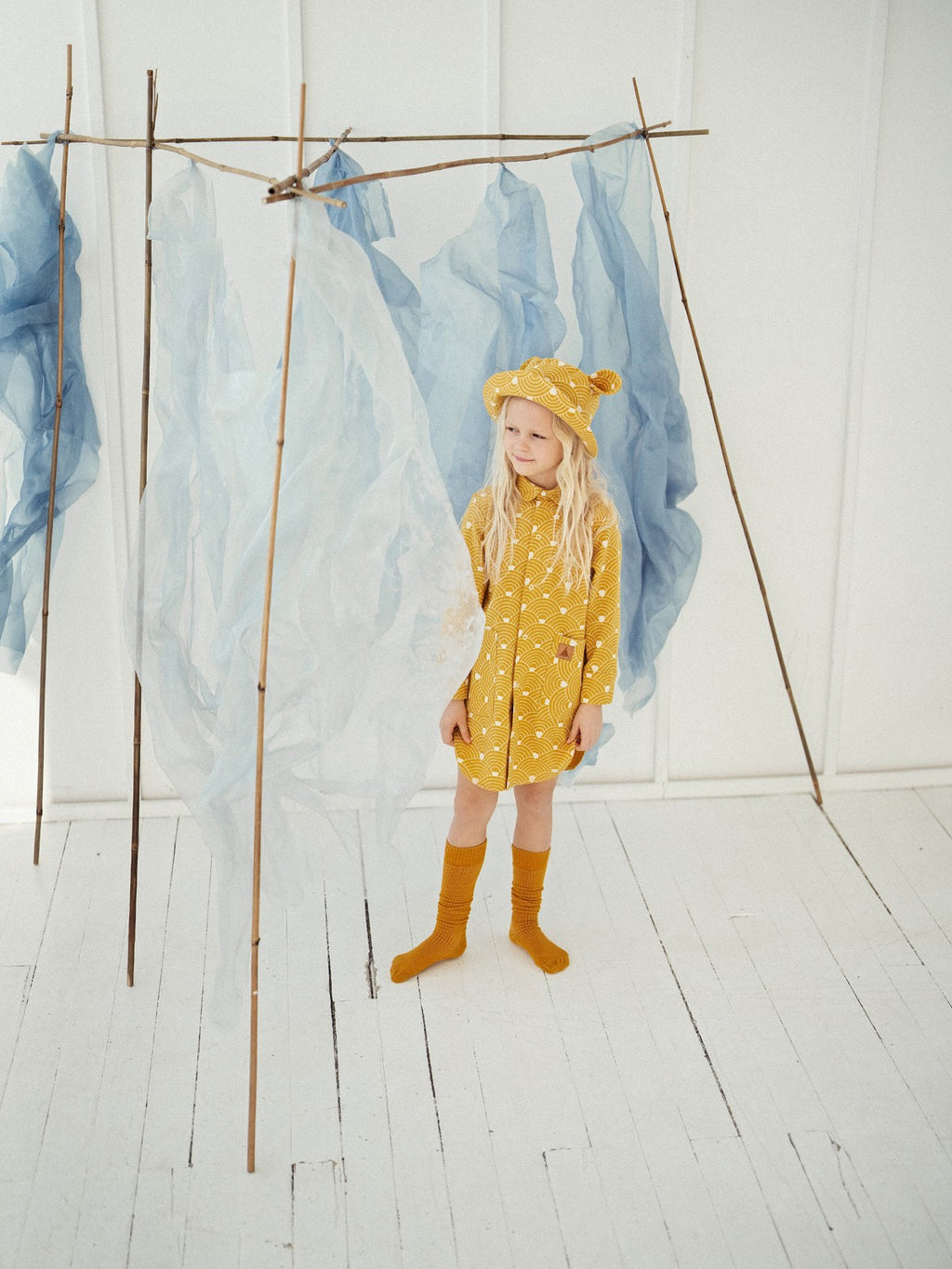 Kids Hat with Ears - Waves on Mustard
