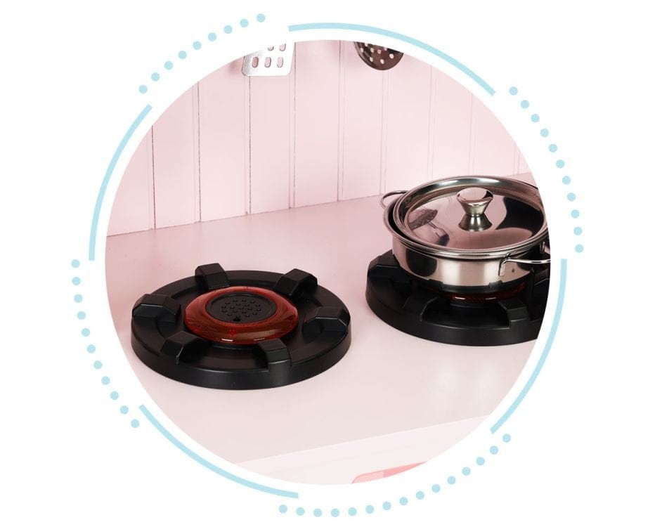 Pink Wooden Play Kitchen with Oven, Burners, Microwave and Accessories